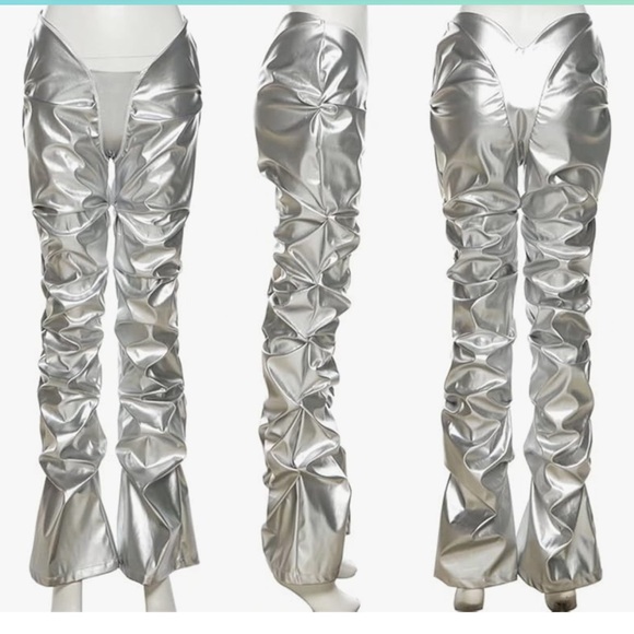 pants metallic silver outfit festival rave burner club party ruched leggings - Picture 4 of 5